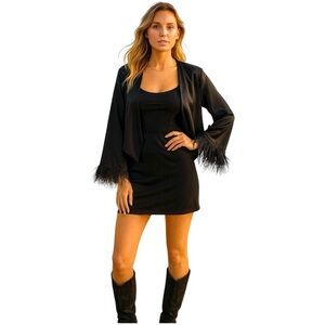 ✨ WAYF Black Satin Feather Cuff Bolero Jacket – Size L (NWT) ✨